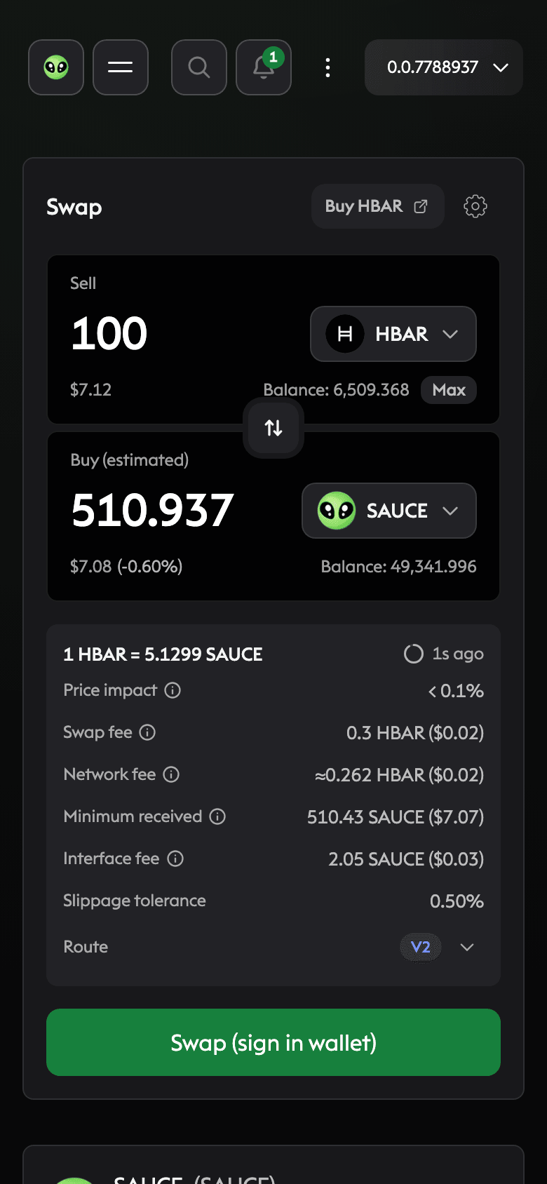 The live SaucerSwap swap interface at phone size, showing an HBAR to SAUCE quote with price impact, fees, minimum received, and route