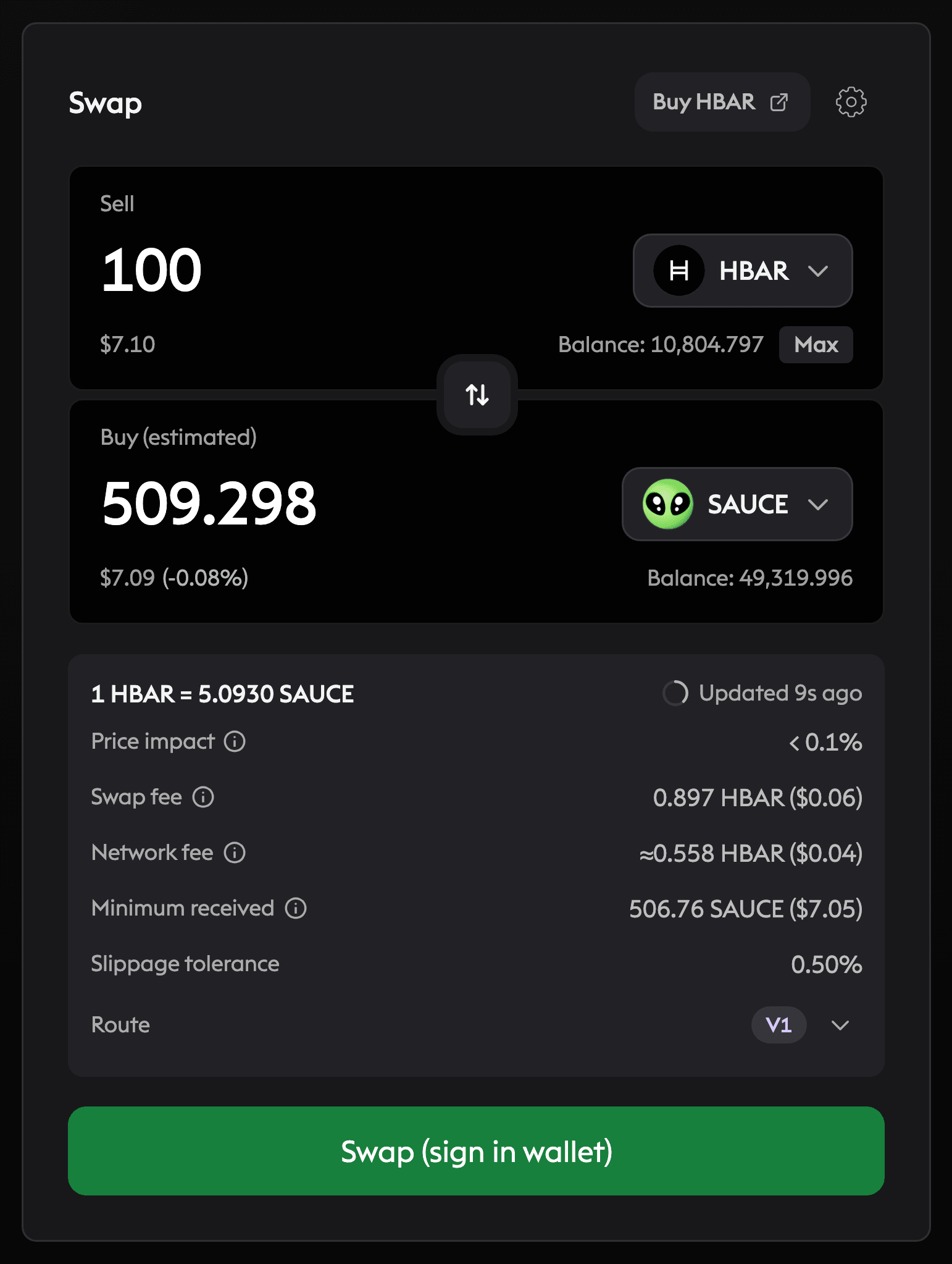 The real SaucerSwap swap ticket with a live HBAR to SAUCE quote